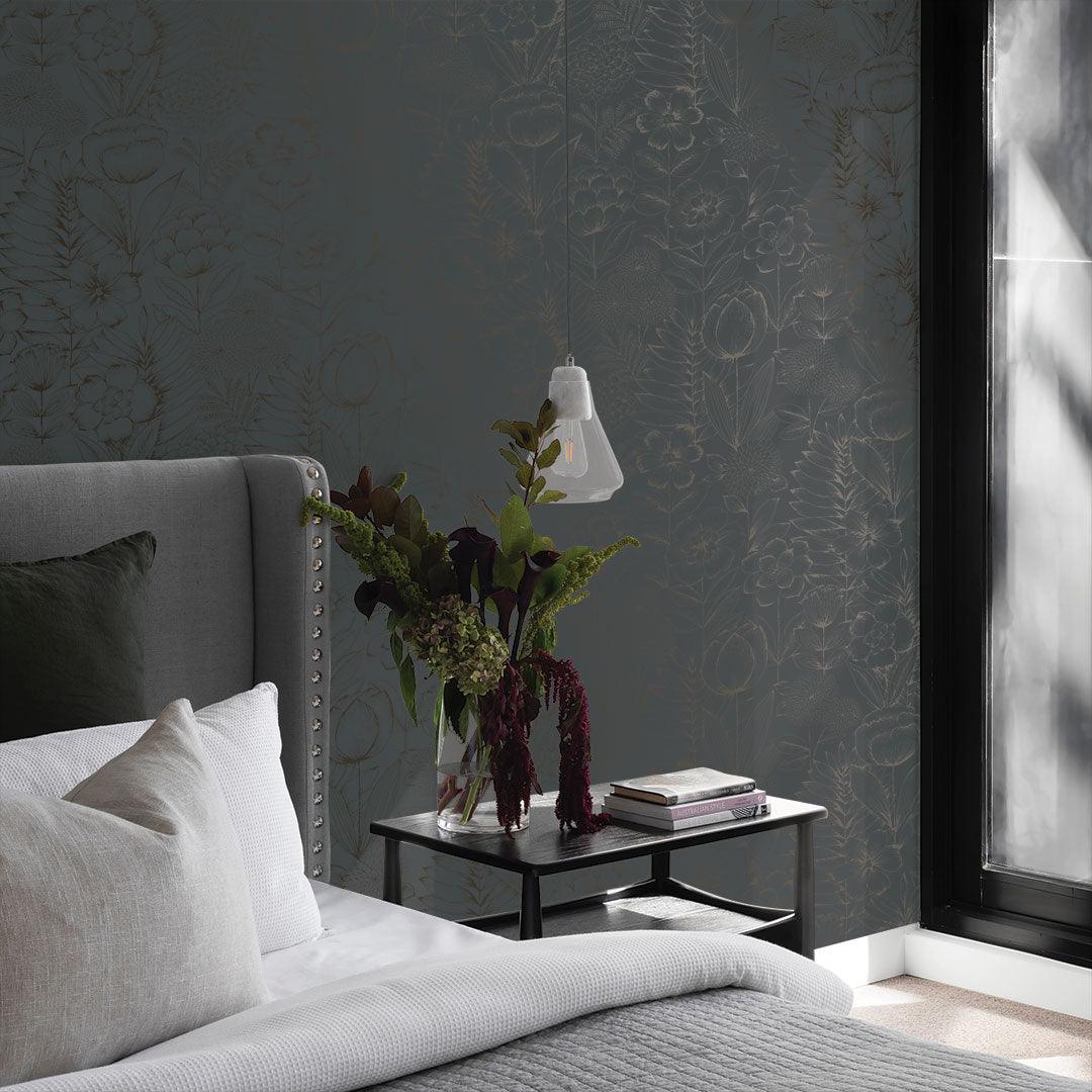 Tempaper Designs LIFESTYLE - Homestead Floral Metallic Blue Peel and Stick Wallpaper