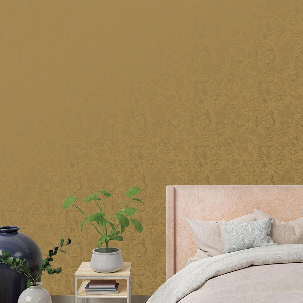 Tempaper Designs LIFESTYLE - Homestead Floral Metallic Marigold Peel and Stick Wallpaper