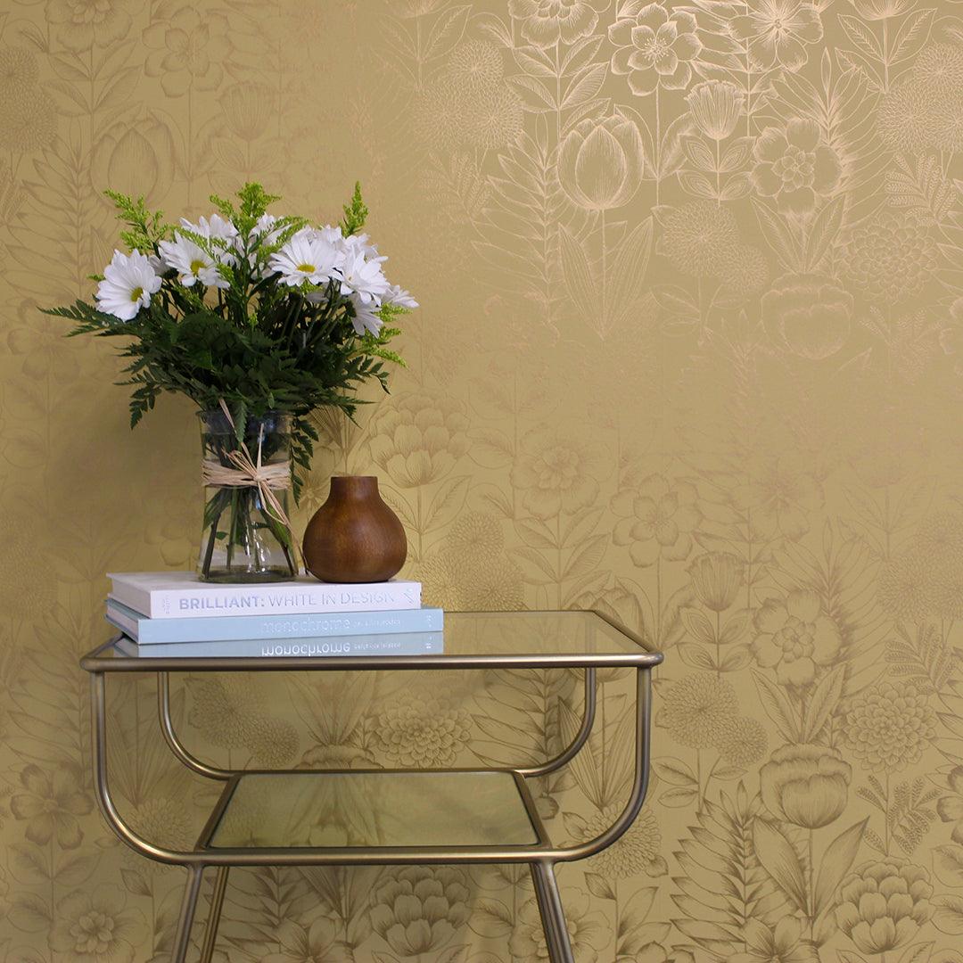 Tempaper Designs LIFESTYLE - Homestead Floral Metallic Marigold Peel and Stick Wallpaper