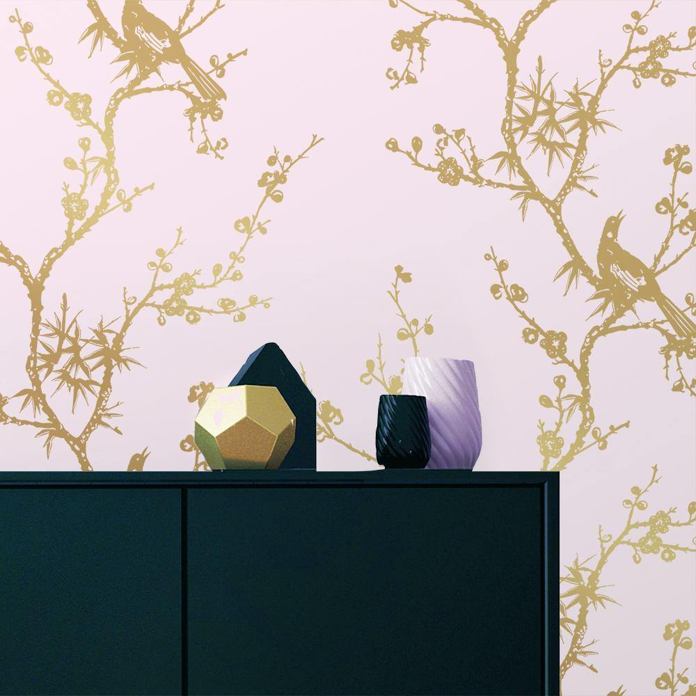 Tempaper Designs LIFESTYLE - Cynthia Rowley Bird Watching Rose Pink & Gold Peel and Stick Wallpaper