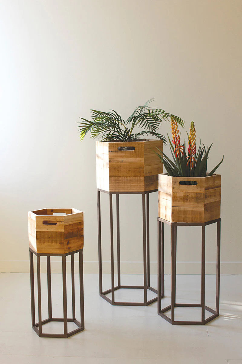 Hexagon Recycled Wood Planters on Metal Bases- Set of 3