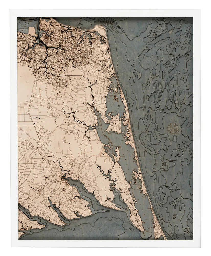 Virginia Beach to Kitty Hawk 3-D Nautical Wood Chart, Large, 24.5" x 31"