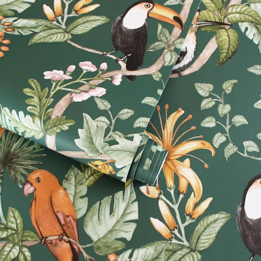 Tempaper Designs LIFESTYLE - Birds of Paradise Rainforest Green Peel and Stick Wallpaper