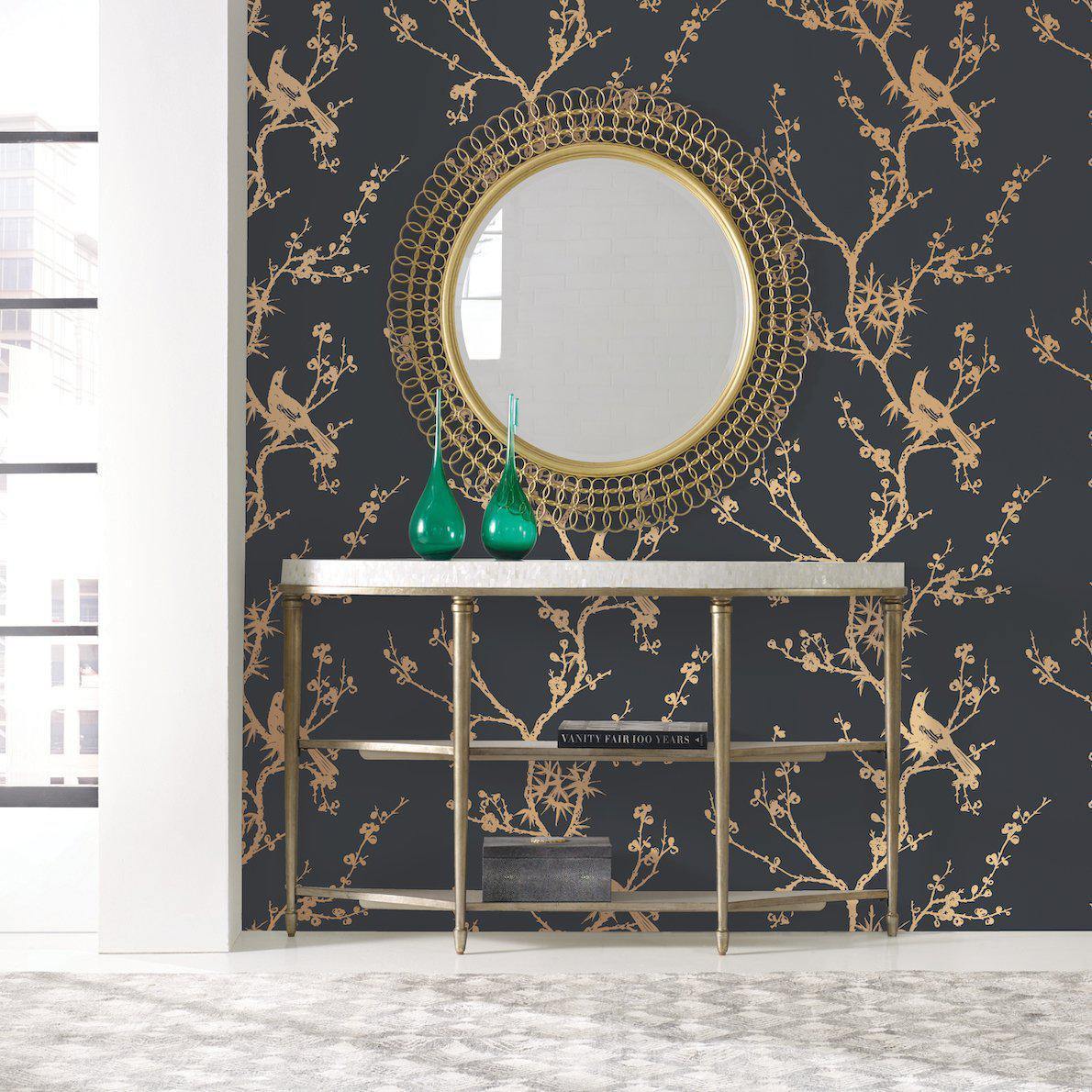 Tempaper Designs LIFESTYLE - Cynthia Rowley Bird Watching Black & Gold Peel and Stick Wallpaper