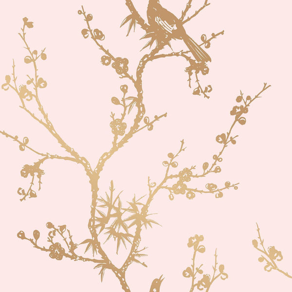 Tempaper Designs LIFESTYLE - Cynthia Rowley Bird Watching Rose Pink & Gold Peel and Stick Wallpaper